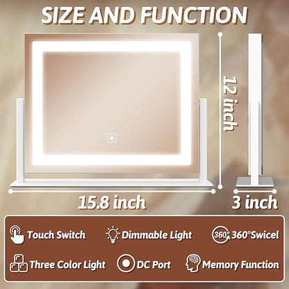 FENNIO Vanity Mirror with Lights, 12" x 16" Lighted Makeup Mirror with Smart Touch Control, 3 Color Modes & Brightness Adjustable, LED Makeup Mirror with 10X Magnification, 360° Rotation for Bedroom