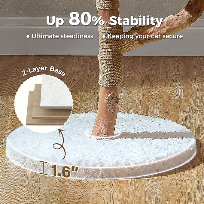Wood Flower Cat Tree, Modern Cat Tower with Real Wood Branches, Luxury Boho Furniture with Scratching Post and 2 Perches, Cat Climbing Tower for Indoor Cats, Cloud White-Mewly Pet