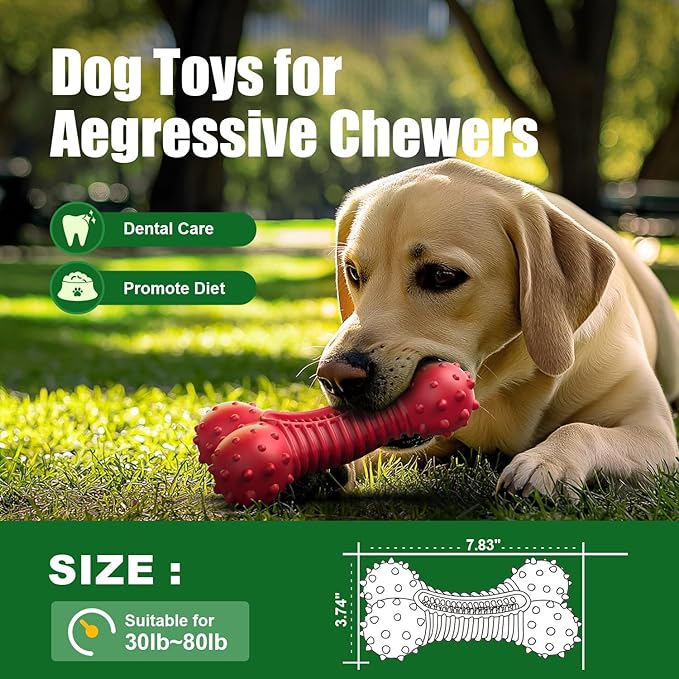 Dog Toys for Aggressive Chewers, Dog Chew Toys for Medium Large Dogs, Durable Natural Rubber Dog Toys with Bacon Flavor, Indestructible Dog Toy, Red-Mewly Pet