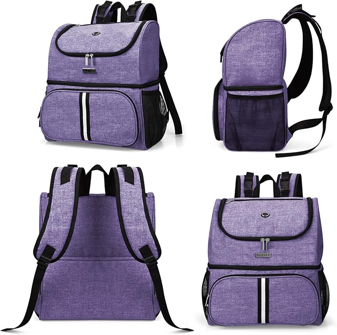 BAGLHER Pet Travel Bag, Double-Layer Pet Supplies Backpack (for All Pet Travel Supplies), Pet Travel Backpack with 2 Silicone Collapsible Bowls and 2 Food Baskets Purple-Mewly Pet