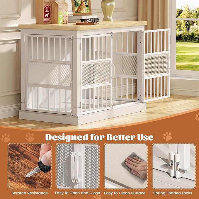 VOPEAK 40" Dog Crate Furniture, Chew Resistant Large Dog Crate for Medium Large Dogs, Heavy Duty Dog Crates Dog Kennel Cage Indoor with Double Doors, Wooden End Table for Bedroom Living Room-Mewly Pet