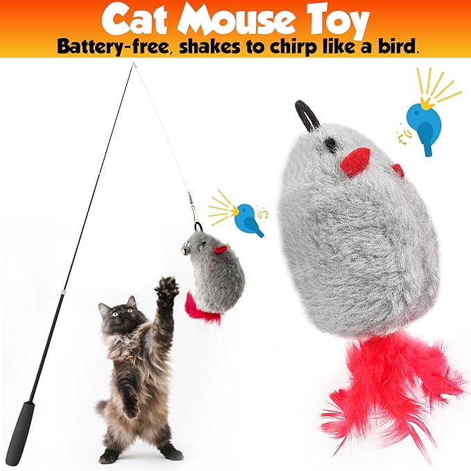 Retractable cat wand toys, 14PCS teaser refills-feather & worm refills and chirping mouse toy, interactive cat teaser toys for indoor cats, fishing pole games for bored indoor kitten exercise & play-Mewly Pet