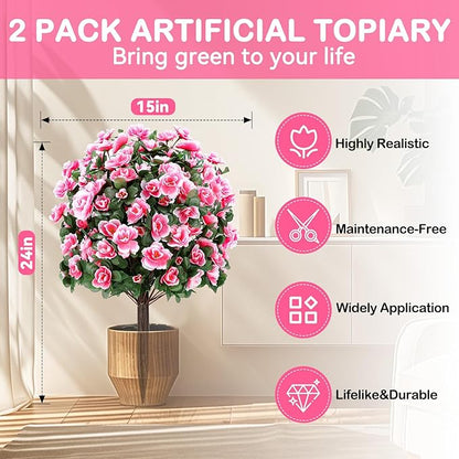 Artificial Boxwood Topiary Ball Trees with Ground Spikes UV Resistant Faux Greenery Shrubs Fake Shrubs for Outdoors, Realistic Faux Plants Bushes for Garden Porch Yard Patio Decor (Pink)