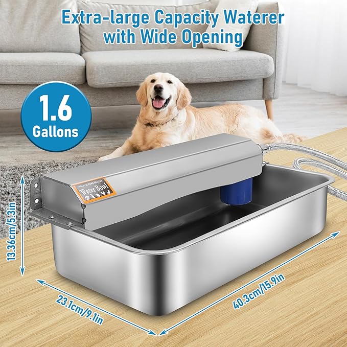 6L Automatic Dog Water Dispenser Bowl for Large Dogs, 304 Stainless Steel Wall Mounted Pet Waterer with Float Valve, Self-Filling Outdoor Water Trough for Pets/Livestock-Mewly Pet