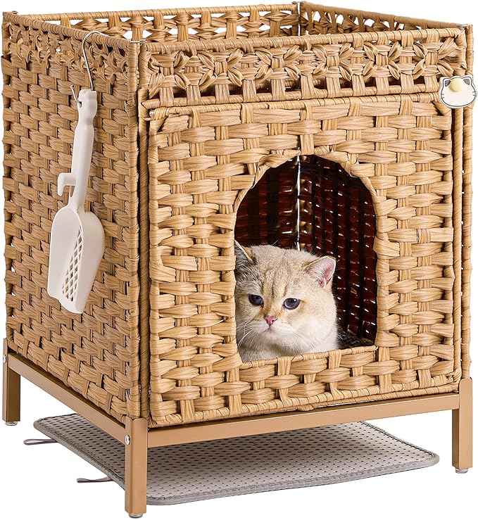 Cat Litter Box Enclosure Hidden Litter Box Furniture with Metal Heightened Feet, Rattan Handwoven Cat House with Litter Mat, Hidden Litter Box Furniture for Bedroom Living Room Natural-Mewly Pet