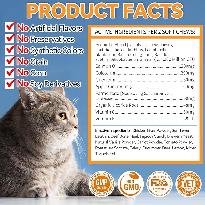 Cat Allergy Relief Chews 200 pcs - Cat Itchy Skin & Paw Licking Relief - Omega 3 & Probiotic for Cats - Anti-Itch Relief for Skin & Coat Health, Immune Support, Seasonal Allergies - Chicken Flavor-Mewly Pet