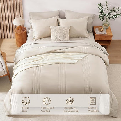 Monbix King Size Comforter Set - 7 Pieces Bed in a Bag King, Apricot Beige Bedding Sets with Comforter, All Seasons Comforter Bed Set with Sheets, Pillowcases & Shams
