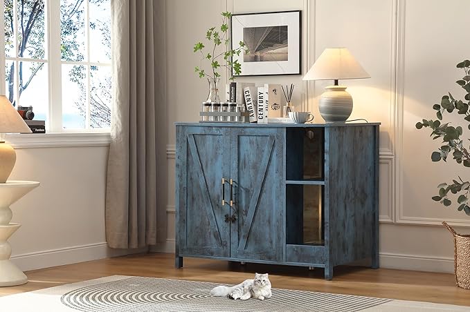 Cat Litter Robot Enclosure, Enclosure for self-Cleaning Litter Boxes,Adjustable Shelf for Dog Proof and Storage,Charging Station,Locks Added for cat,Large Indoor Cat House,Blue-Mewly Pet