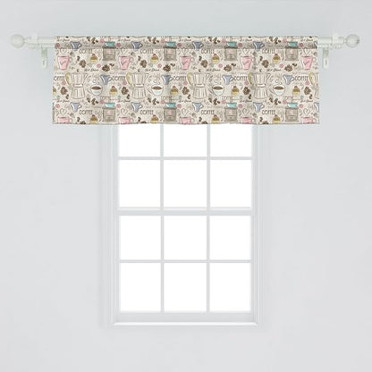 Ambesonne Modern Window Valance Pack of 2, Coffee Time Vintage Espresso Machine Cupcakes Beans Design, Rod Pocket Curtain Valances for Kitchen Bedroom, 54" X 18", Pale Pink Beige