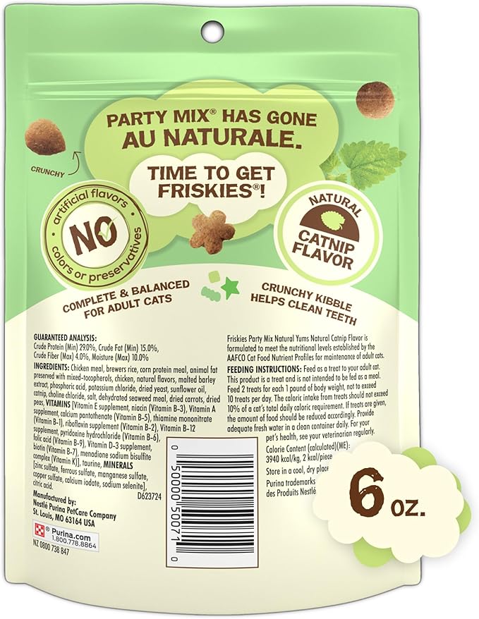 Purina Friskies Made in USA Facilities, Natural Cat Treats, Party Mix Natural Yums Catnip Flavor - (Pack of 6) 6 oz. Pouches-Mewly Pet