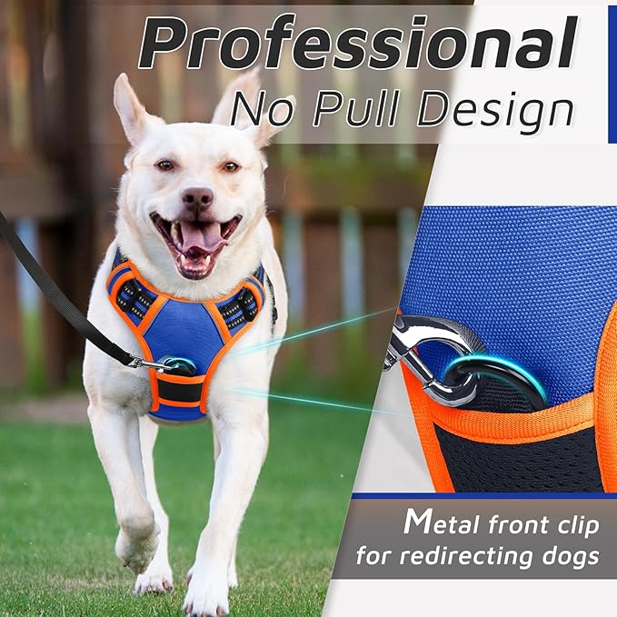 Eagloo Dog Harness for Large Dogs, No Pull Service Vest with Reflective Strips and Control Handle, Adjustable and Comfortable for Walking, No Choke Harness with 2 Metal Rings, Blue & Orange, M-Mewly Pet