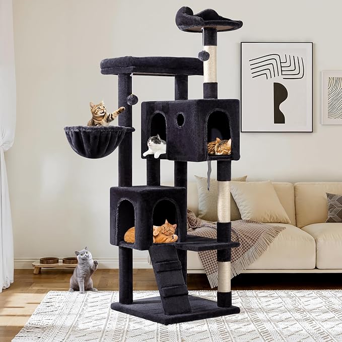 Allewie 64 Inches Cat Tree Tower/Multi-Level Activity Center for Indoor Big Felines/2 Plush Condos/2 Perchs/Basket/House/Sisal Scratching Posts/Hanging Cat Toys/Dark Grey-Mewly Pet