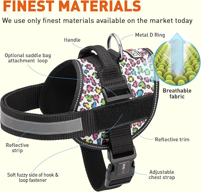 Dogline Dog Harness, Reflective No-Pull Adjustable Vest with Handle for Walking, Training, Breathable, No - Choke Harness for Small, Medium or Large Dogs Room for Patches Leopard Rainbow L 27"-34"-Mewly Pet