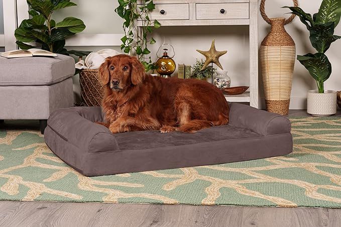 Furhaven Orthopedic Dog Bed for Large Dogs w/ Removable Bolsters & Washable Cover, For Dogs Up to 95 lbs - Faux Fur & Velvet Sofa - Driftwood Brown, Jumbo/XL-Mewly Pet