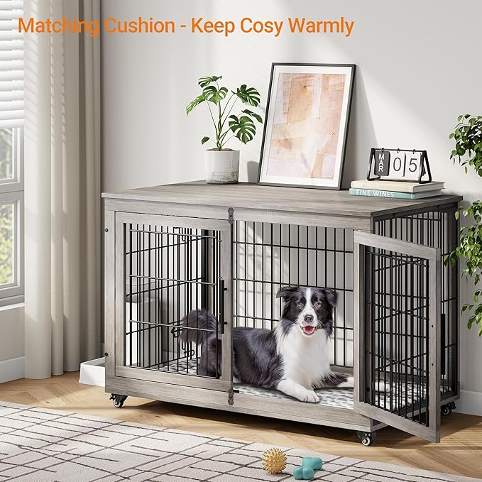 Lulive Dog Crate Furniture, XL Wooden Dog Kennel Indoor Double Doors Dog Cage, 44'' Heavy Duty Dog Crate with Cushion & Wheels, Decorative End Table Chew-Resistant for Extra Large/Medium, Grey-Mewly Pet
