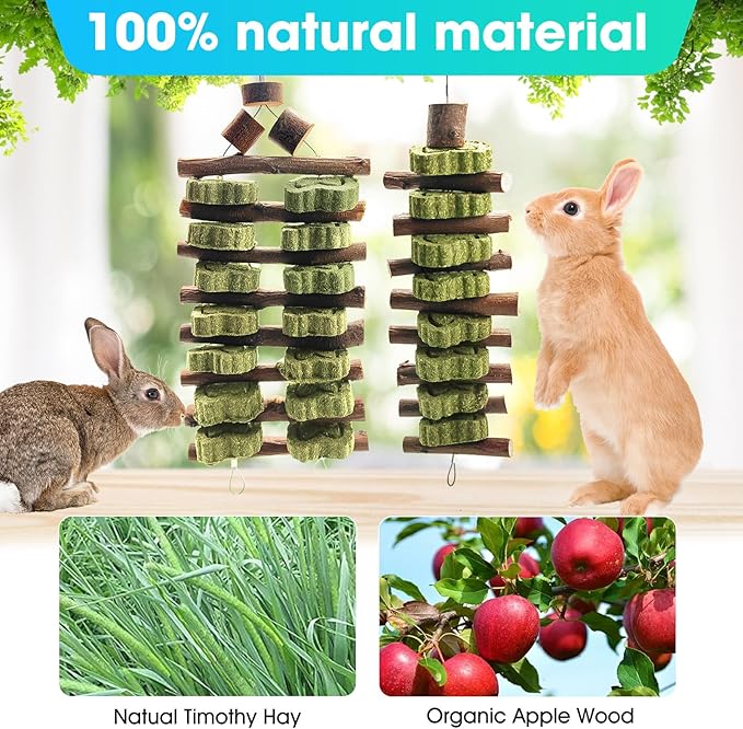 WDEFUN Natural Peach Wood Clover Cake Teeth Grinding Toy String - Rabbit Snack Chewing Toy, Safe and Durable Pet Teeth Grinding Rod, Caring for Dental Health-Mewly Pet