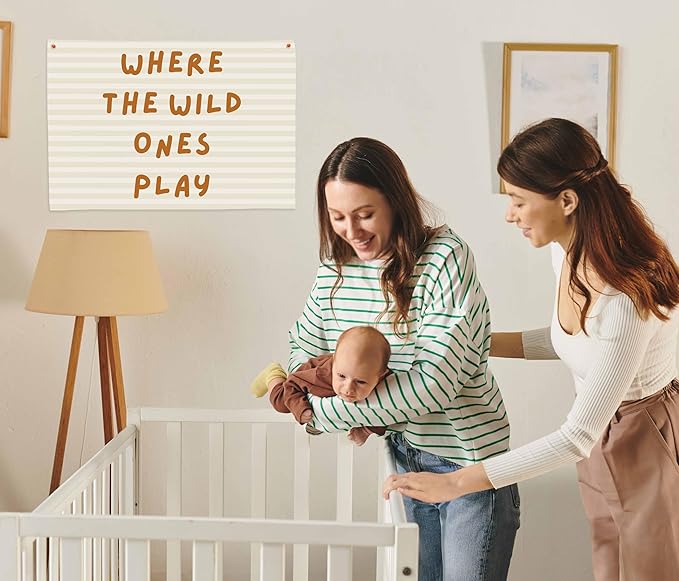 Playroom Rectangular Canvas Banner-Flag Wall Sign Decor for Kids Teen,Playroom Nursery Baby Room Bedroom Living Room Wall Decor-Where the Wild Ones Play-Baby Shower Birthday Christmas Gift