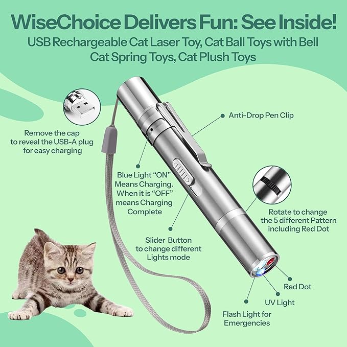 WiseChoice 15-in-1 Cat Toys, Rechargeable Dot Chase Light, Cat Spring Toy, Ball Toys with Bell and Plush Toy, Perfect for Solo or Interactive Gifts for Cats Kitten-Mewly Pet