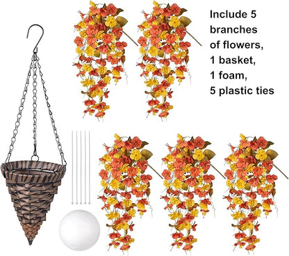 Artificial Fake Fall Hanging Flowers Baskets for Outdoor Decoration, Faux Silk Hibiscus Long Vines in Planter Realistic Flower Plants for Outside Home Porch Patio Garden (Fall YellowOrange)