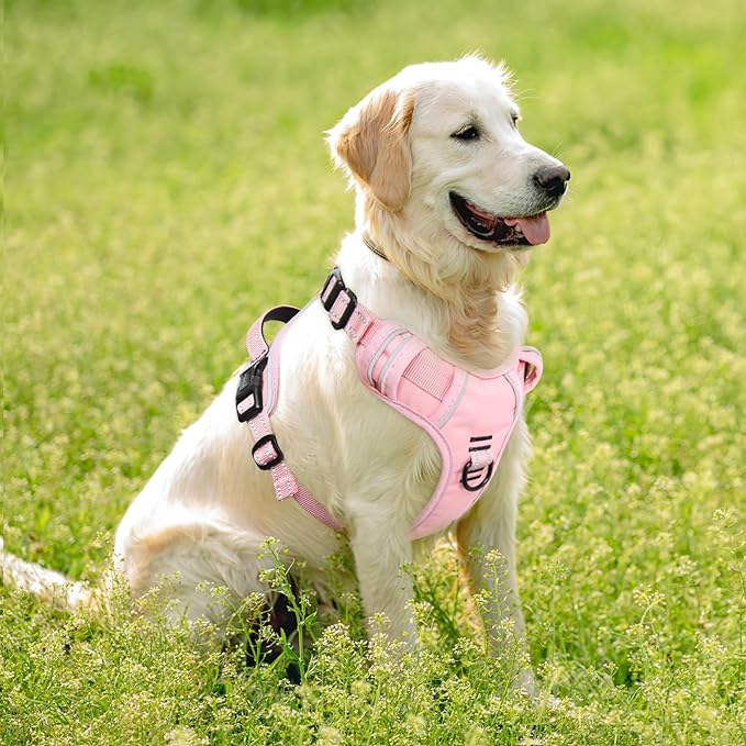 Timos Dog Harness, 3 Snap Buckles No-Pull Soft Padded Dog Vest with 2 Metal Leash Clips, Adjustable Reflective No Choke Pet Harness with Easy Control Handle for Large Dogs,Pale Pink,L-Mewly Pet