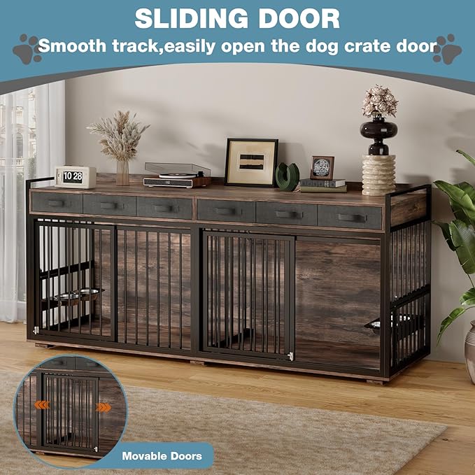 86.6Inch Large Double Dog Crate Furniture,Heavy Duty Metal Frame Dog Crate Kennel with Adjustable Feeder Bowls and Removable Divider&Drawers,Chew-Resistant Dog Kennel for 2 Dogs Indoor-Mewly Pet