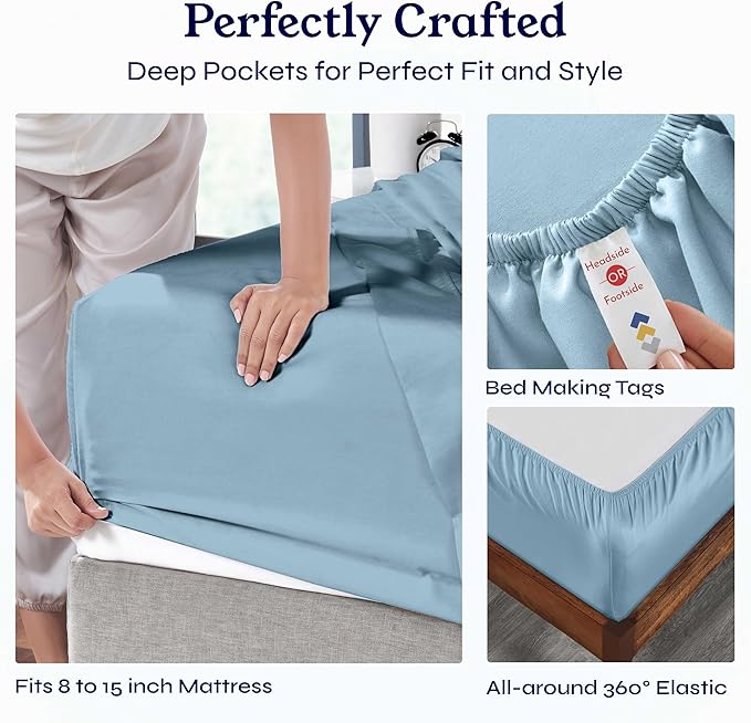 California Design Den Soft Twin Sheets Set - 400 Thread Count Sateen, Natural 100% Cotton Sheets, Deep Pockets, Cooling and Durable Bedding Set for Dorm Rooms & Adults - Sky Blue