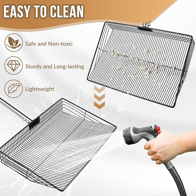 SlowTon 15-inch Large Chicken Poop Scooper - 5 in 1 Multifunctional Chicken Litter Scoop with 40 to 77in Stainless Steel Handle, Heavy Duty Chicken Coop Cleaning Tool Litter Sifting Shovel-Mewly Pet