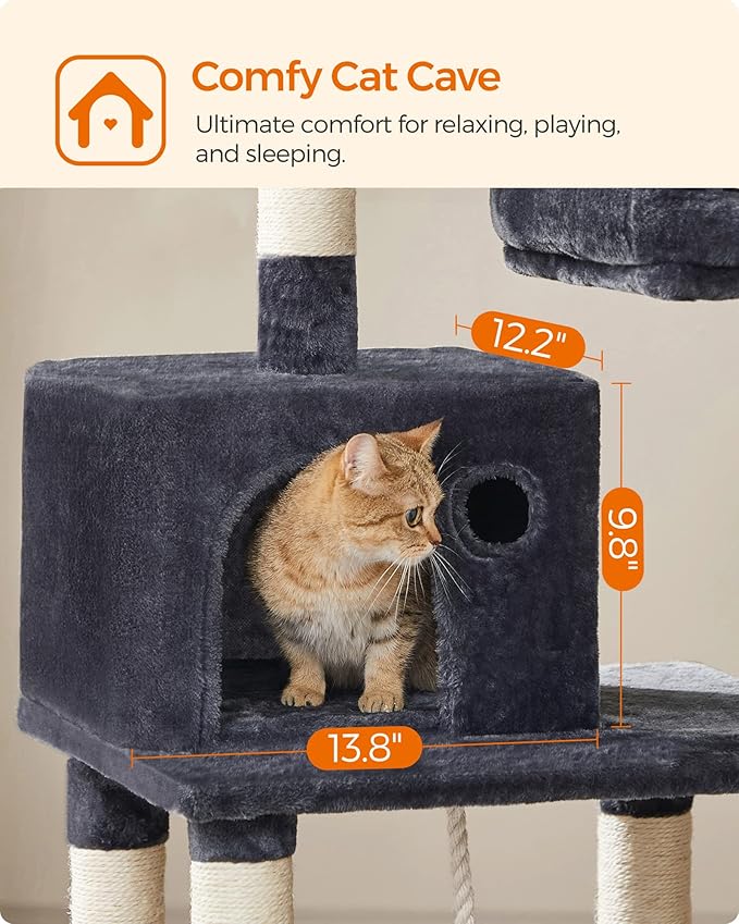 FEANDREA Cat Tree, Cat Tower for Indoor Cats, 56.3-Inch Cat Condo with Scratching Posts, Hammock, Plush Perch, Smoky Gray UPCT15GYZ-Mewly Pet