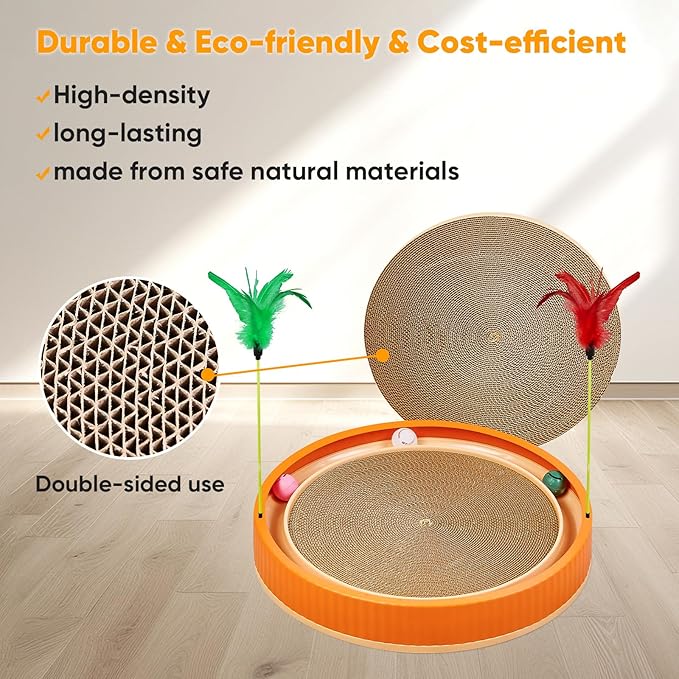 20-Inch Round Cat Scratcher with Ball Track – 3-in-1 Cardboard Cat Scratching Pad with Feather Toys, Non-Slip Base – Interactive Cat Toy for Indoor Cats, Kitten Scratch Play Lounge Board (Orange)-Mewly Pet