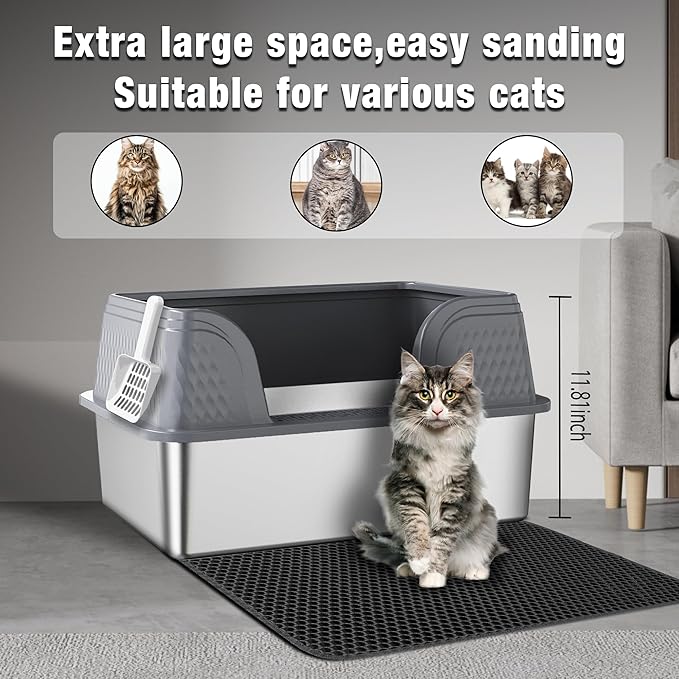 Suhaco Extra Large Stainless Steel Litter Box with Lid XXL High Sided Cat Litter Boxes Included Litter Mat & Litter Scoop Anti-Urine Leakage Metal Pet Toilet for Big Cats (Grey XXL)-Mewly Pet