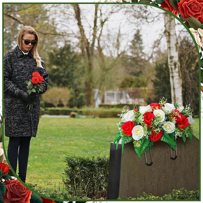 Christmas Cemetery Decorations for Grave Headstone Flower Saddle Artificial Flower Saddles Red Poinsettia Outdoor Memorial Headstone Realistic Bouquet(Fresh Color,Butterfly Style)