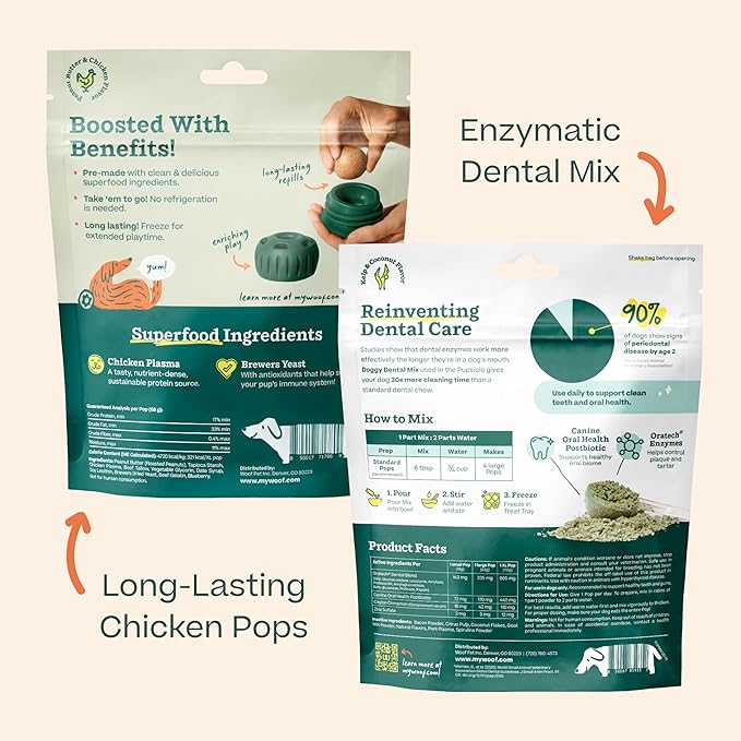 WOOF Dental Kit- Includes Pupsicle Dog Toy, Treat Tray, Shaker Bottle, Chicken Pupsicle Pops, and Dog Teeth Cleaning Powder - Supports Oral Health for Dogs - Small-Mewly Pet