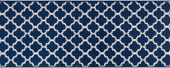 Custom Size Cut to Length Moroccan Trellis Design Runner Rug Mat For Wide Long Hallways with Non-Slip Rubber Backing, Better Traction for Pets, Prevent Slippage, Trellis Navy Blue, 31 inch X 15 feet