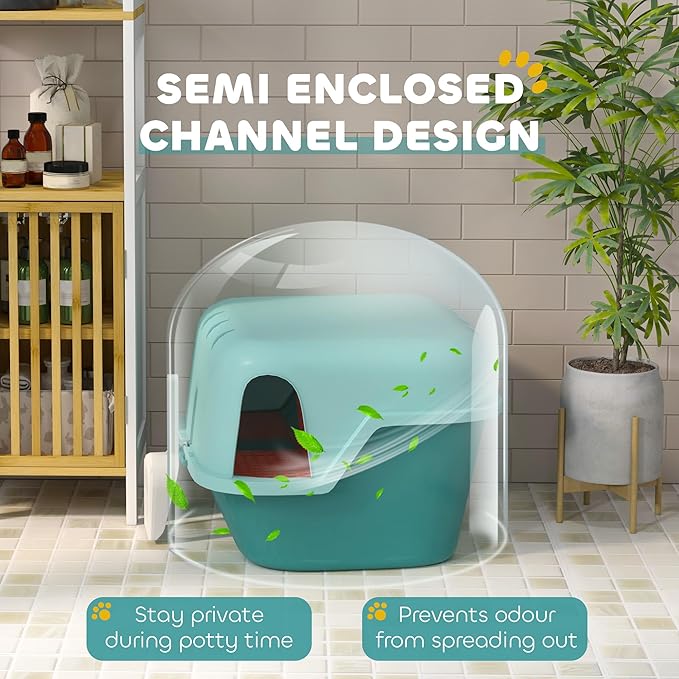 PawHut Cat Litter Box with Lid, Covered Kitty Litter Box Enclosure with Scoop, Openable & Lockable Cover, Easy to Clean, Green-Mewly Pet