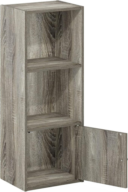 Furinno LUDER Book Shelf, 3-Tier Modern Bookshelf, Bookcase with 1 Door Storage Cabinet, 9.3" x 12" x 31.5", for Living Room, Bedroom, Home Office, French Oak