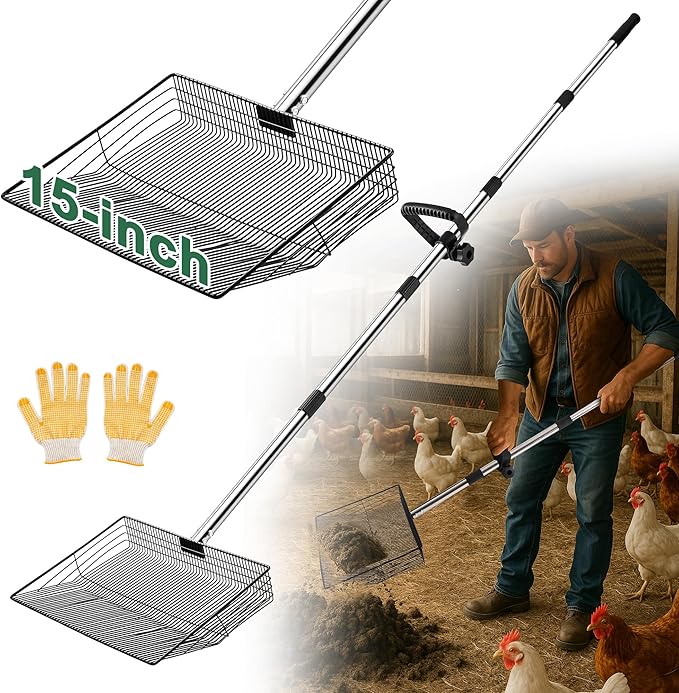 15-inch Large Chicken Poop Scooper, 5 in 1 Adjustable Chicken Coop Scoop with Ergonomic Grip, 24" to 77" Long Stainless Steel Sifting Litter Shovel Pooper Scooper Chicken Coop Accessories-Mewly Pet