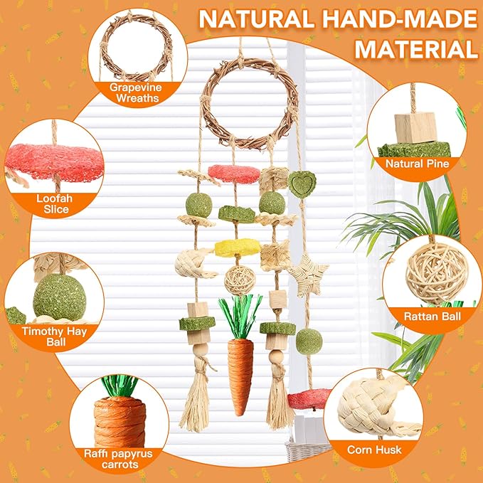 Rabbit Chew Toys Bunny Cage Hanging Toy and Treats Rattan Ring with Snacks for Rodent Pets Teeth Healthy-Mewly Pet