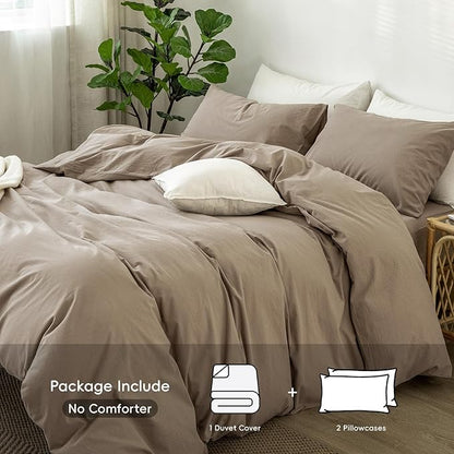 MooMee Bedding Duvet Cover Set 100% Washed Cotton Linen Like Textured Breathable Durable Soft Comfy (Solid Mocha Brown, Super King 108"x98")