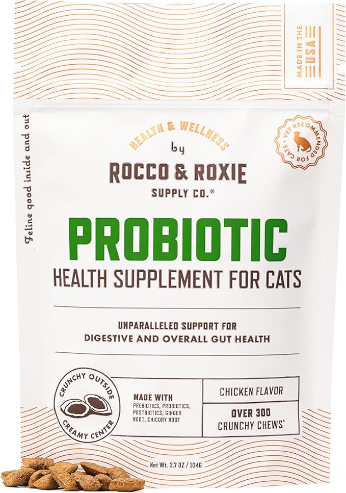 Rocco & Roxie Cat Probiotic Health Supplement for Cats, Prebiotic and Postbiotic for Digestive + Gut Support, Constipation Relief, Anti Diarrhea, Supplements & Vitamins, Chicken Flavored Crunchy Chews-Mewly Pet