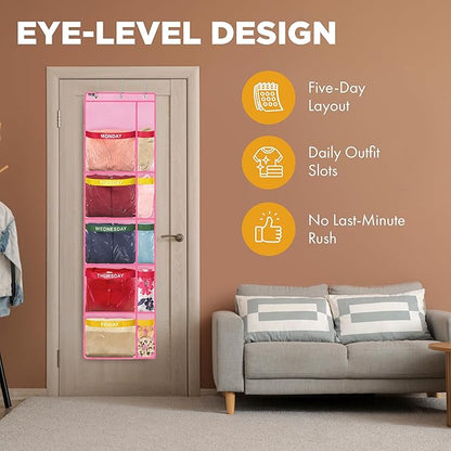 Over the Door Weekly Clothes Organizer - 5 Shelf Hanging Closet Storage with Day of the Week Labels - Weekly Clothes Organizer For Kids - Space-Saving Over Door or Wall Hanging Organizer (Pink)