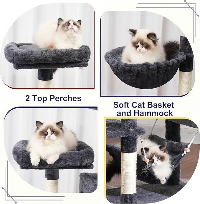 Cat Tree for Indoor Cats, 71'' (180cm) Multi-Level Cat Tower for Large Adult, Sturdy Cat Tree House with 2 Scratching Boards 7 Posts, 2 Plush Perches/Condos, Hammock, Smoky Gray GCT032G-Mewly Pet