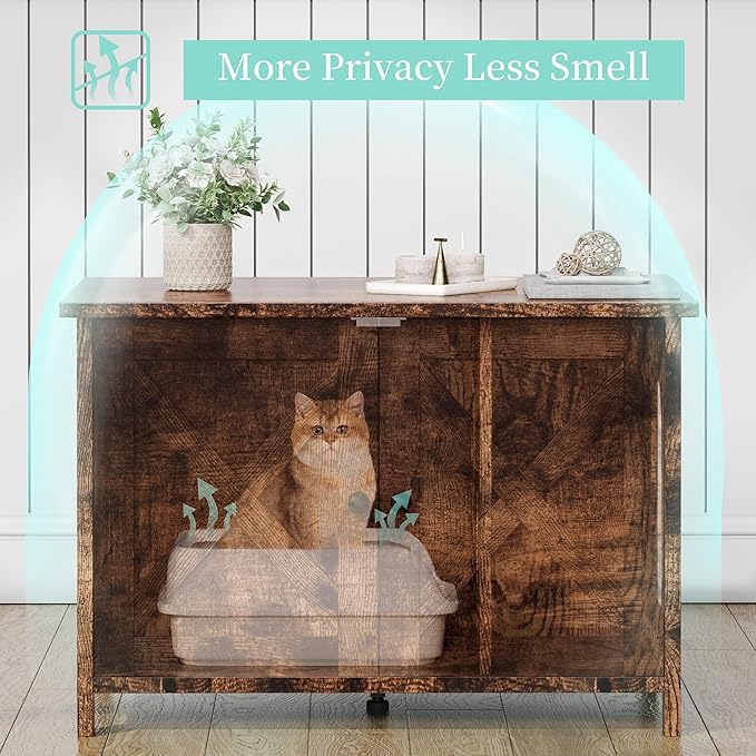 Vongrasig Cat Litter Box Enclosure,Litter Box Furniture Hidden with Barn Door,Wooden Cat Washroom Furniture,Cat House,End Table, Fit Most of Litter Box, Brown-Mewly Pet