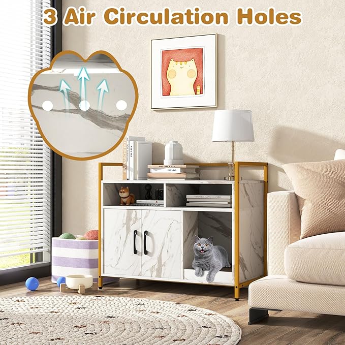 Tangkula Litter Box Enclosure, Modern Cat Litter Box Furniture with Metal Frame, Scratching Board, Storage Compartment, Hidden Cat Washroom (Marble White)-Mewly Pet