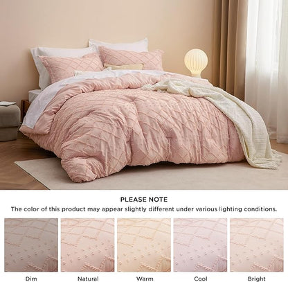 Bedsure Full Comforter Set - Coral Pink Comforter, Boho Tufted Shabby Chic Bedding for Kids, 3 Pieces Vintage Farmhouse Bed Set for All Seasons, Fluffy Soft Bedding with 2 Pillow Shams