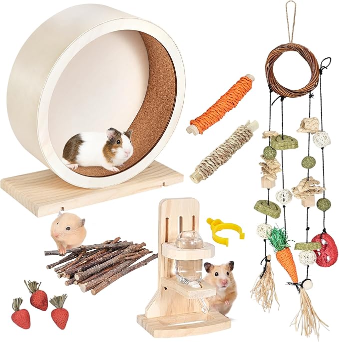 antiai 9.8 Inch Wooden Hamster Exercise Wheel Set,Silent Wheel Quiet Spinner Hamster Running Wheels,Hamster Water Feeder Accessories Chew Toys for Hamsters, Gerbils, Mice and Other Small Pets,9 pcs-Mewly Pet
