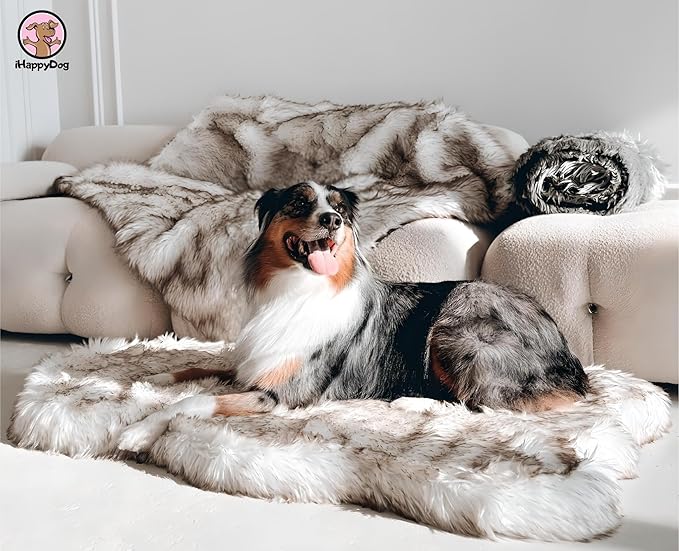 IHAPPYDOG Luxury Faux Fur Orthopedic Dog Bed, Memory Foam Dog Bed for Small, Medium, Large and XL Pets, Fluffy Pet Bed with Waterproof and Washable Cover (White w/Brown Tips, 50"x30")-Mewly Pet