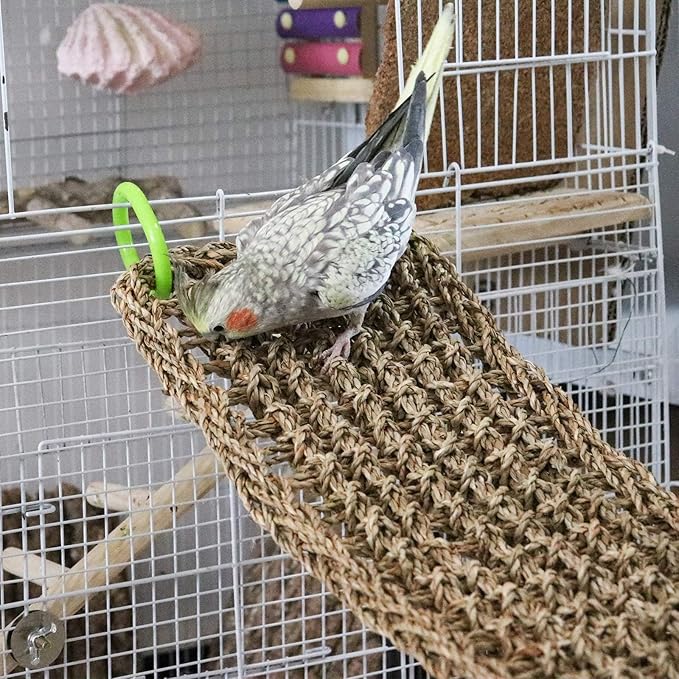 39 x 7 Inches Seagrass Mat, Natural Seagrass Woven Net, Bird Hammock Mat with Hooks, Cage Accessories, Climbing Rope Ladder Chew Toys for Cockatiel, Hamster, Guinea Pig, Rats, Parakeet-Mewly Pet