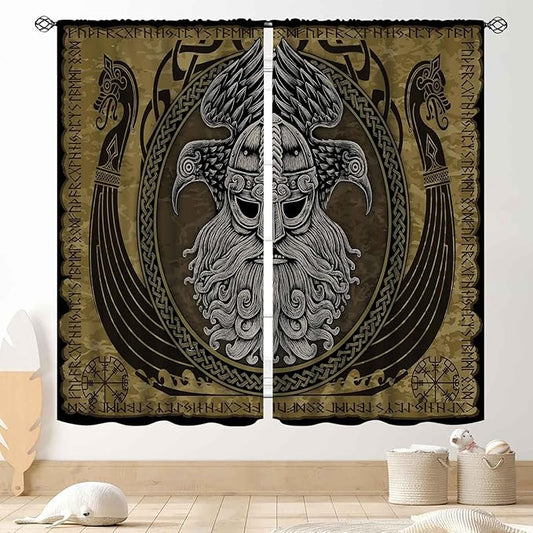 Norse Viking Curtains, Nordic Warriors Sword Celtic Rune Scandinavian Aesthetic Nation Valknut Mythology Window Drapery for Bedroom Living Room Bathroom 2 Panels, 42"x63" Inch