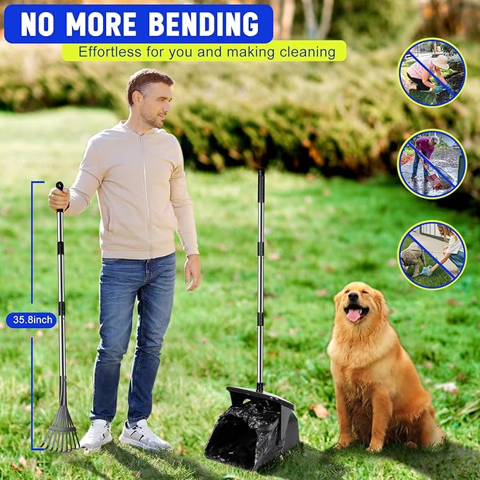 Dog Pooper Scooper with 20 Bag Attachment Long Handle Swivel Bin, Rake Heavy Duty Pooper Scooper for Large Medium Dogs Easy to Clean Poop Scooper for Yard, Grass, Gravel-Mewly Pet