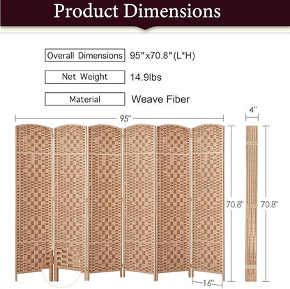 Rose Home Fashion 6 ft Tall Room Divider, Room Dividers and Folding Privacy Screens, 15.7in Privacy Screen 6 Panel Partition Temporary Wall Separation for Private, Natural